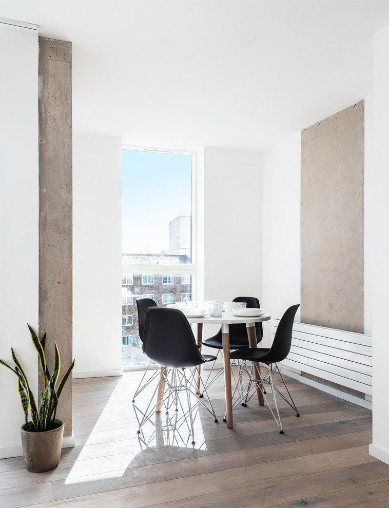 Contemporary open plan dining room with white walls, medium hardwood flooring and brown floors.