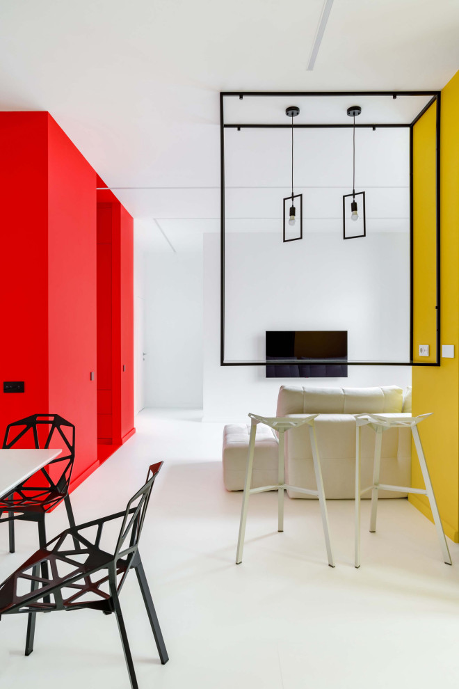 Immagine di una sala da pranzo aperta verso il soggiorno design con pareti bianche e pavimento bianco