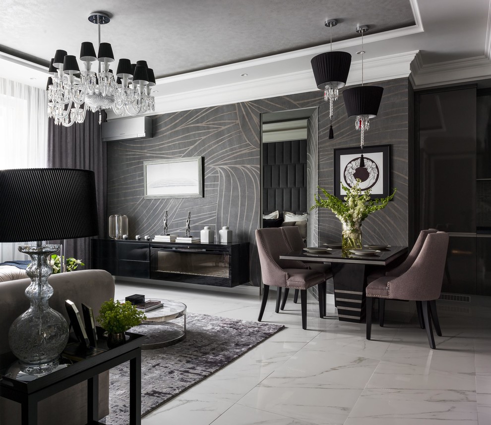 На фото: гостиная-столовая в современном стиле с серыми стенами