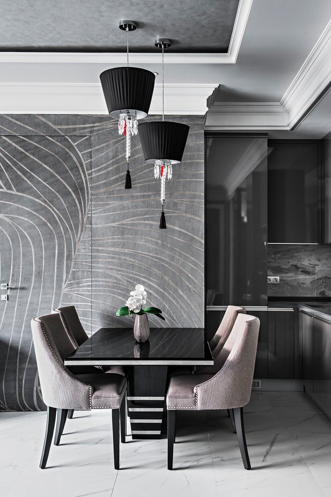 Стильный дизайн: кухня-столовая среднего размера в современном стиле с серыми стенами, полом из керамогранита и белым полом - последний тренд