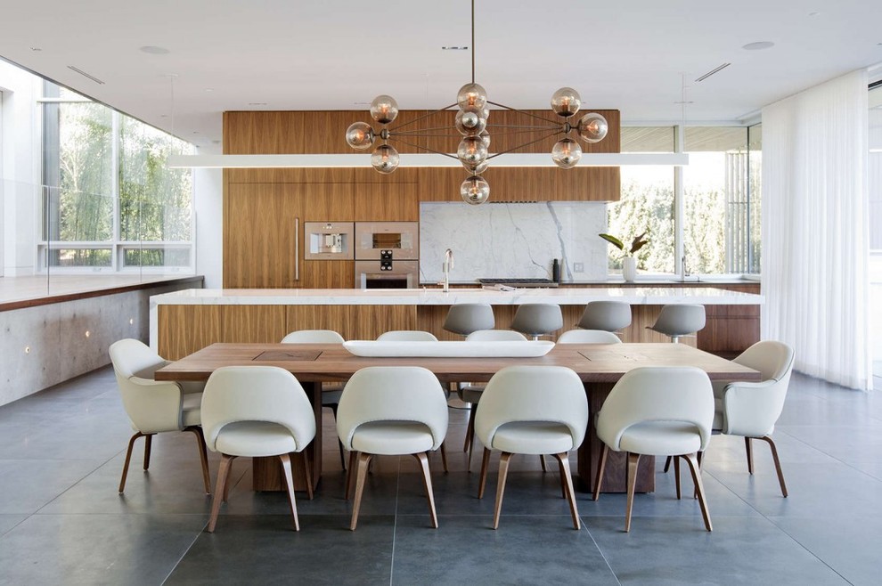 Cette image montre une salle à manger ouverte sur le salon design avec un mur blanc.