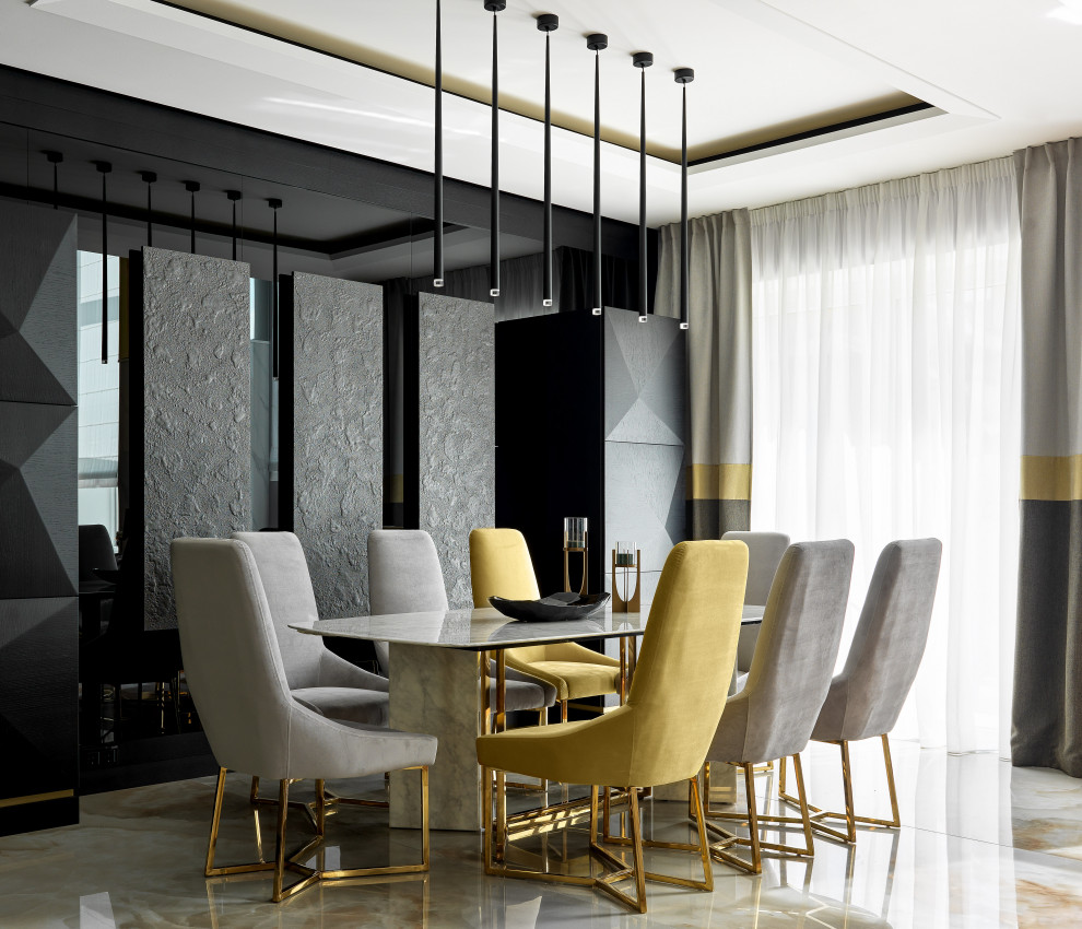 Photo of a contemporary dining room in Moscow with black walls, grey floors and a drop ceiling.
