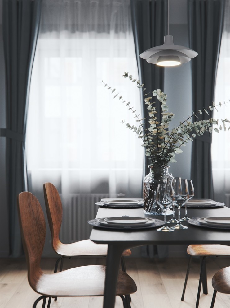Пример оригинального дизайна: кухня-столовая среднего размера в скандинавском стиле с серыми стенами, полом из ламината и бежевым полом
