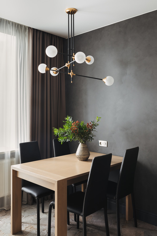 Inspiration for a contemporary dining room in Saint Petersburg with black walls and no fireplace.