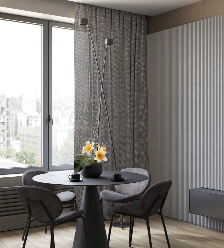 На фото: гостиная-столовая среднего размера в современном стиле с серыми стенами и бежевым полом