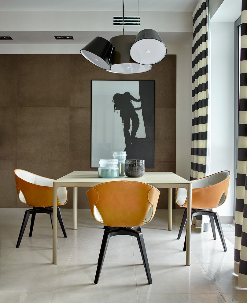 Contemporary open plan dining room in Moscow with brown walls.