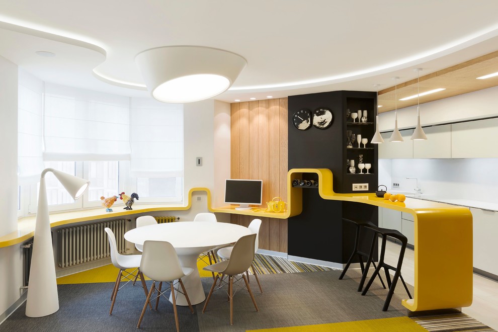 Trendy carpeted and multicolored floor great room photo in Yekaterinburg with white walls