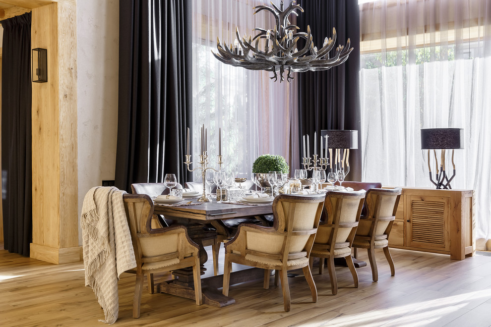 Dining room - industrial light wood floor and turquoise floor dining room idea in Saint Petersburg with beige walls