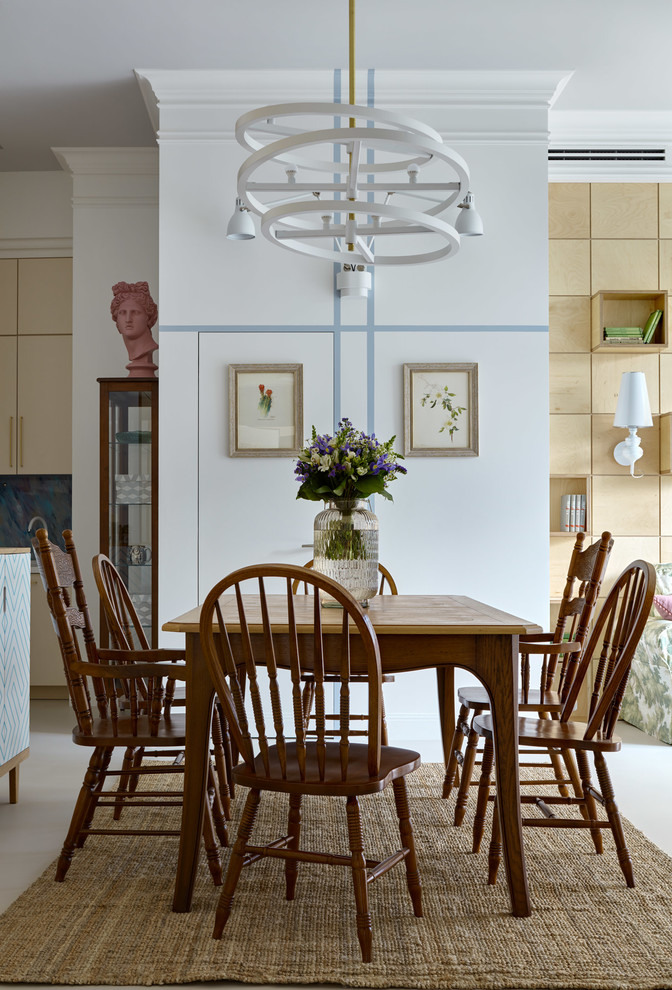 Свежая идея для дизайна: кухня-столовая среднего размера в современном стиле с серыми стенами, бетонным полом и белым полом - отличное фото интерьера