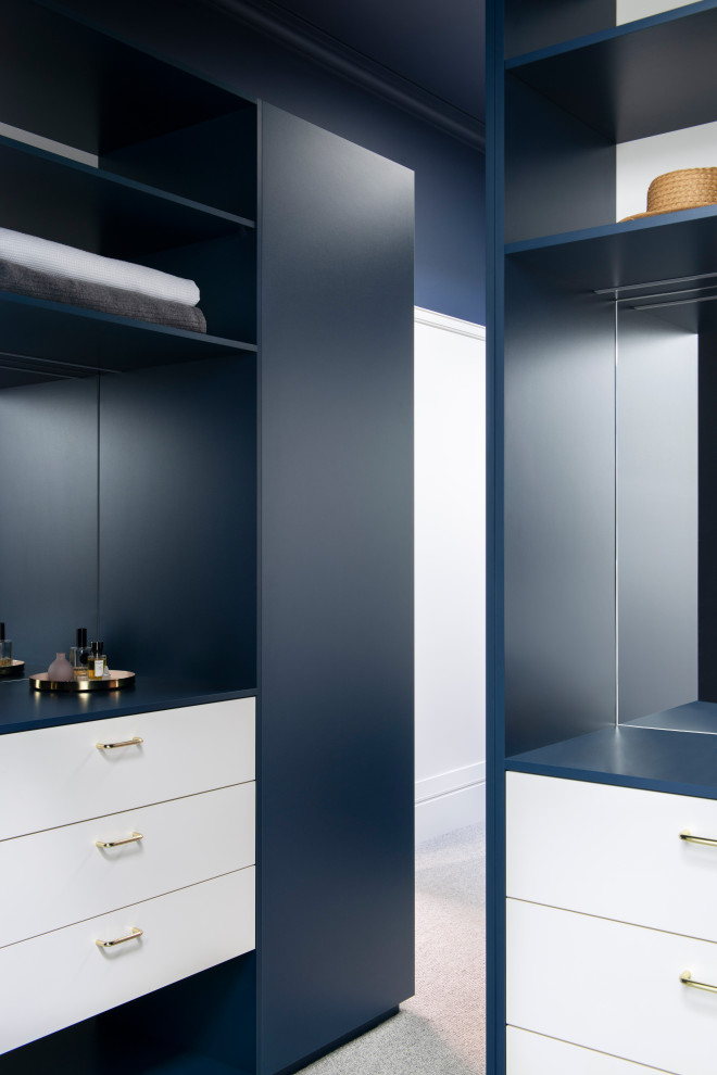 Diseño de armario y vestidor minimalista con puertas de armario azules