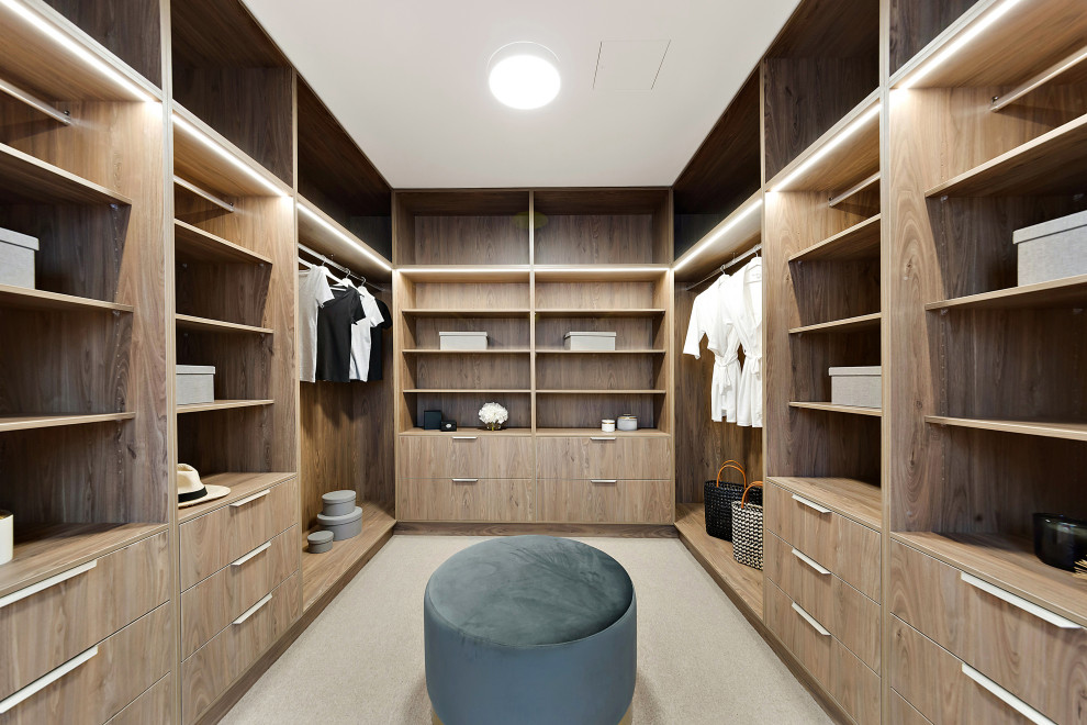 Foto di una cabina armadio unisex design di medie dimensioni con nessun'anta, ante in legno scuro, moquette e pavimento grigio