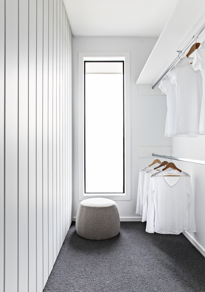 Свежая идея для дизайна: гардеробная комната в скандинавском стиле с ковровым покрытием и серым полом для женщин - отличное фото интерьера