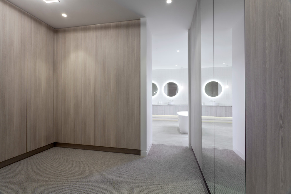 Пример оригинального дизайна: большая гардеробная комната унисекс в стиле модернизм с плоскими фасадами, искусственно-состаренными фасадами и ковровым покрытием