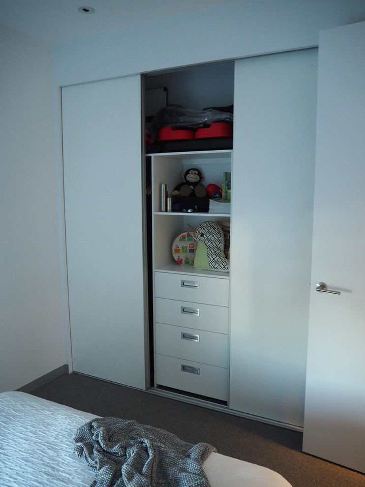 Идея дизайна: шкаф в нише среднего размера, унисекс в современном стиле с белыми фасадами и ковровым покрытием
