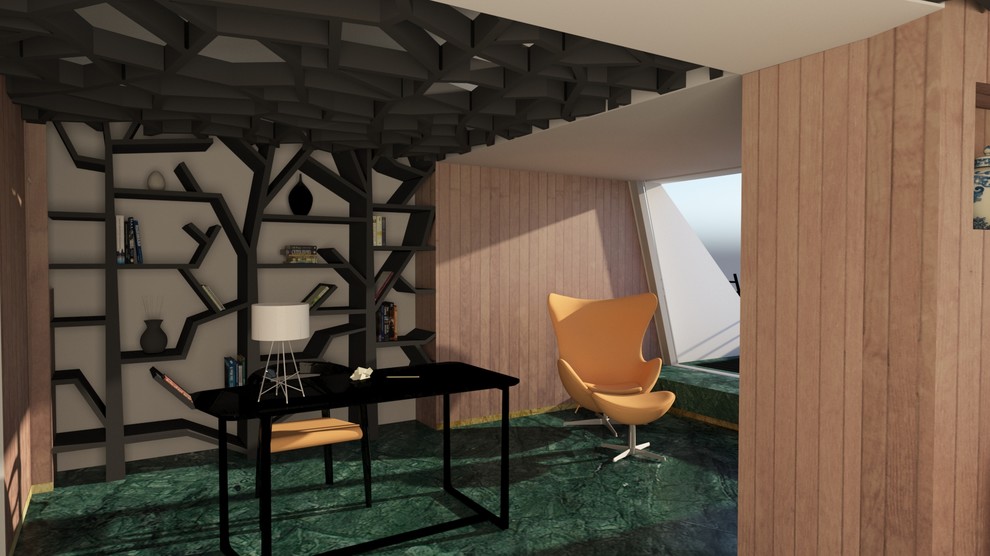 Idee per un ampio studio boho chic con libreria, pareti marroni e pavimento in marmo