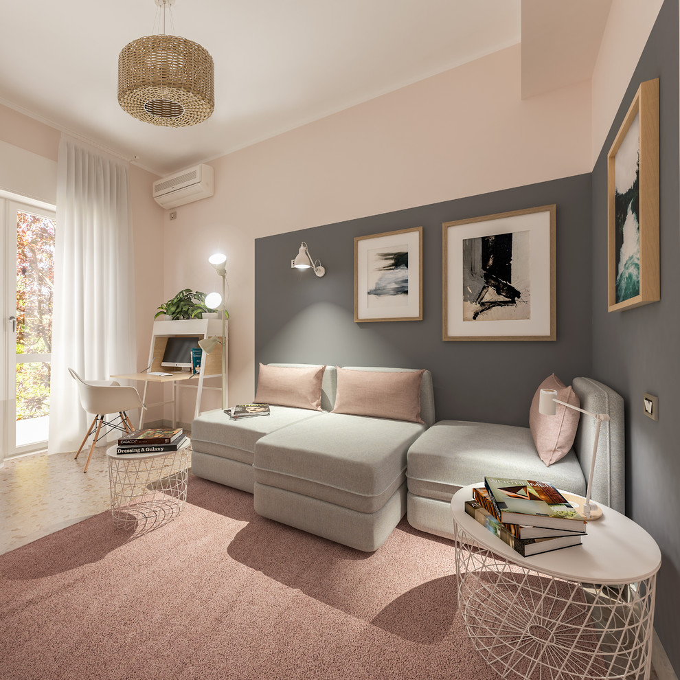 Inspiration för små nordiska hemmastudior, med rosa väggar, marmorgolv, ett fristående skrivbord och rosa golv