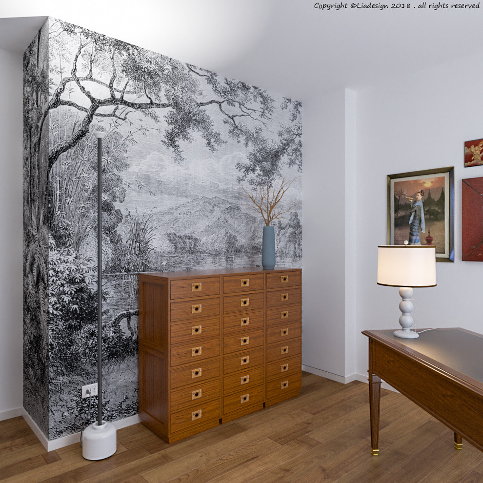 Esempio di uno studio bohémian di medie dimensioni con libreria, pareti bianche, pavimento in linoleum, scrivania autoportante e pavimento marrone