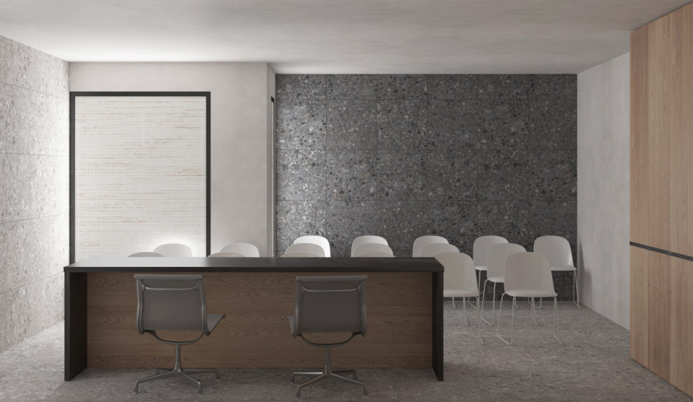 Esempio di un grande ufficio minimal con pareti grigie, pavimento in gres porcellanato, scrivania autoportante e pavimento grigio