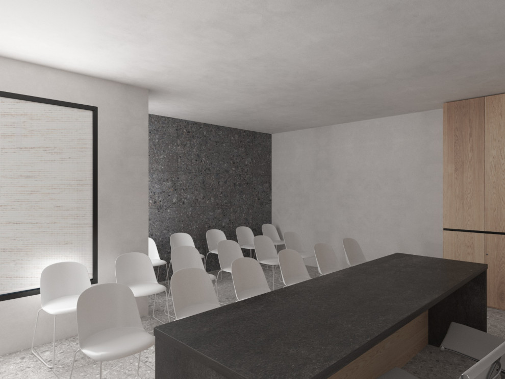 Foto di un grande ufficio design con pareti grigie, pavimento in gres porcellanato, scrivania autoportante e pavimento grigio