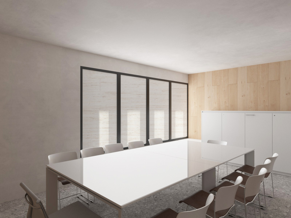 Inspiration pour un grand bureau design avec un mur gris, un sol en carrelage de porcelaine, un bureau indépendant et un sol beige.