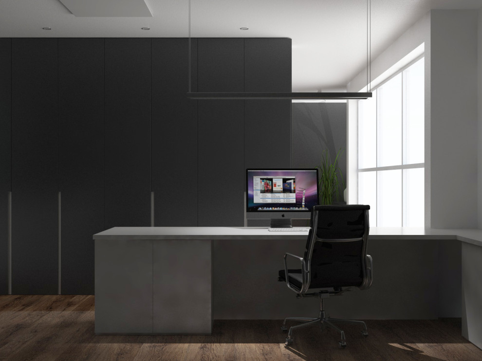 Foto di un ampio ufficio moderno con pareti grigie, parquet chiaro, scrivania autoportante e pavimento beige