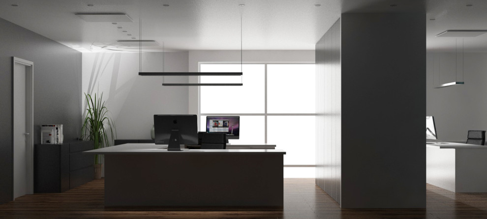 Пример оригинального дизайна: огромное рабочее место в стиле модернизм с серыми стенами, светлым паркетным полом, отдельно стоящим рабочим столом и бежевым полом