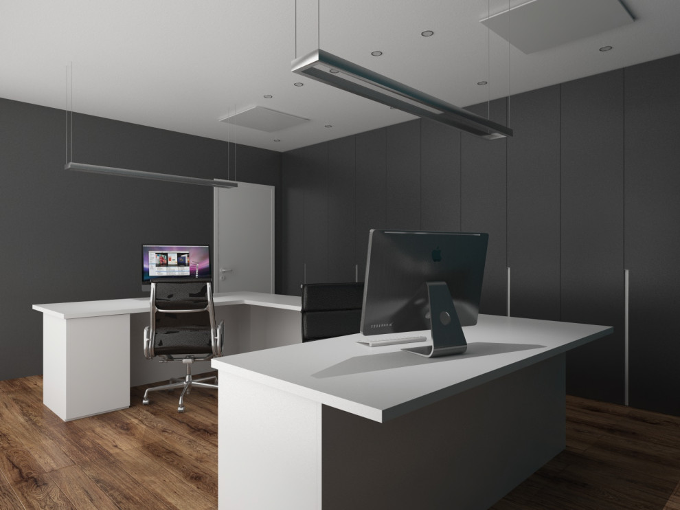 Свежая идея для дизайна: огромное рабочее место в стиле модернизм с серыми стенами, светлым паркетным полом, отдельно стоящим рабочим столом и бежевым полом - отличное фото интерьера
