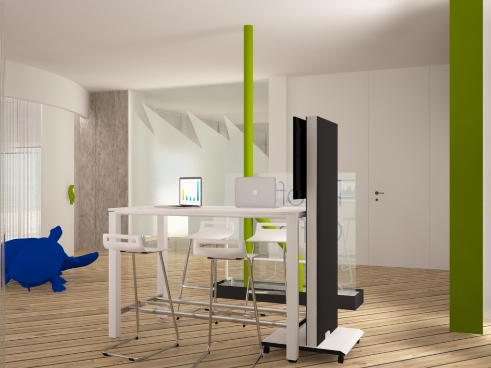 Esempio di una stanza da lavoro minimal di medie dimensioni con pareti bianche, pavimento in legno massello medio, scrivania autoportante e pavimento beige