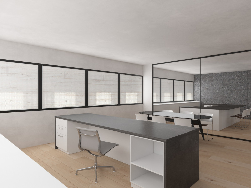 Ejemplo de despacho actual grande con paredes grises, suelo de baldosas de porcelana, escritorio independiente y suelo beige