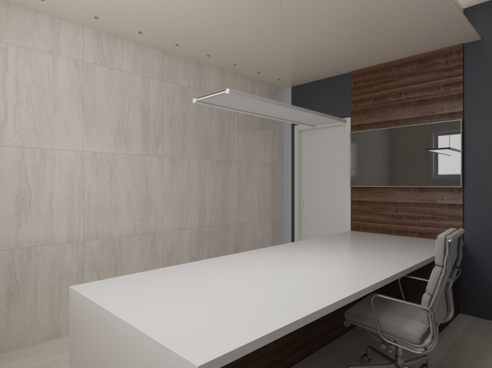 Immagine di un ufficio minimalista di medie dimensioni con pareti grigie, pavimento con piastrelle in ceramica, scrivania autoportante e pavimento beige