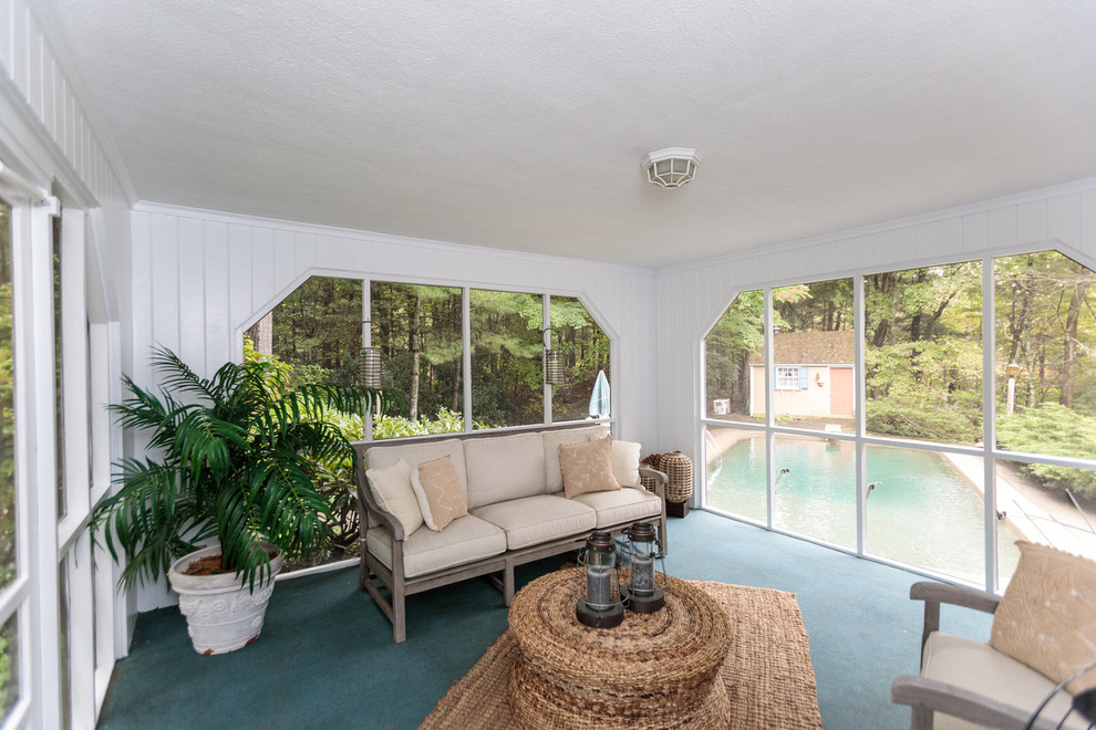 Foto di una veranda tradizionale di medie dimensioni con moquette, soffitto classico e pavimento verde