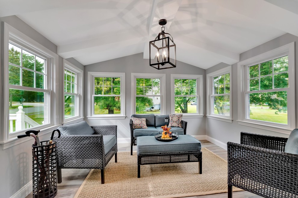 Photo of a classic conservatory in Boston with a standard ceiling, grey floors and ceramic flooring.