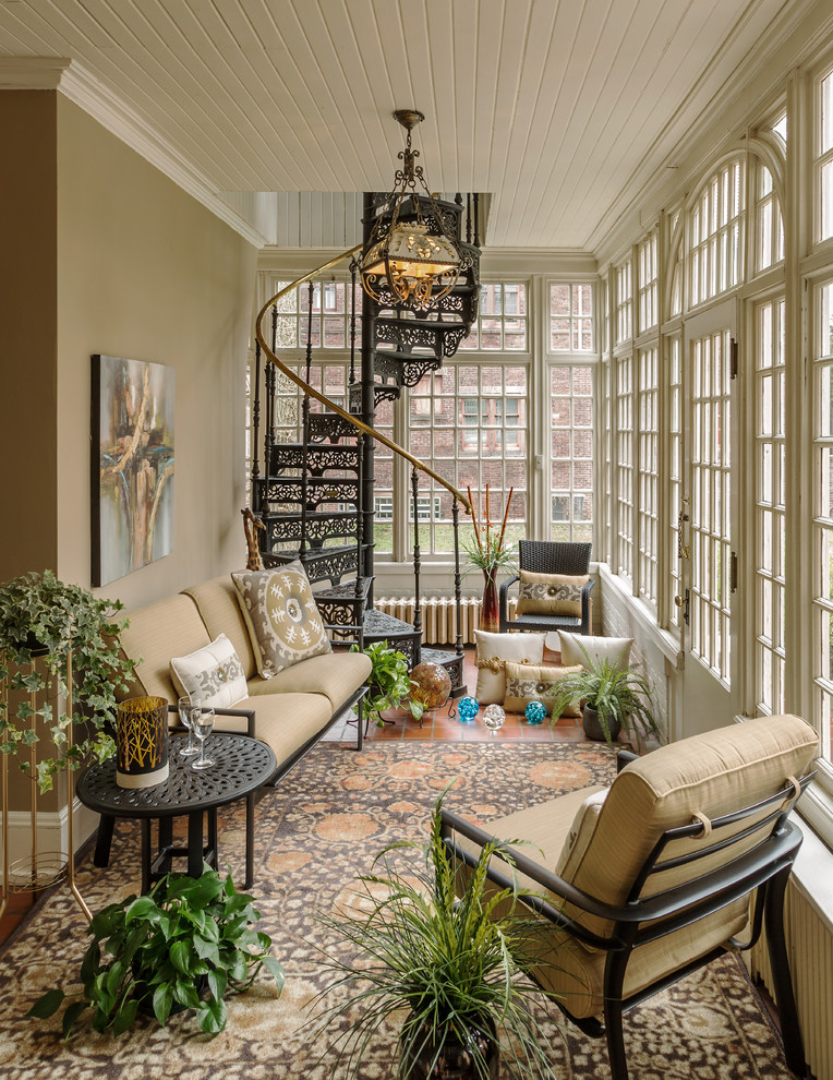 Photo of a medium sized traditional conservatory in Milwaukee with terracotta flooring, no fireplace and a standard ceiling.