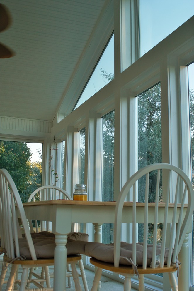 Ispirazione per una veranda chic di medie dimensioni con moquette e soffitto classico