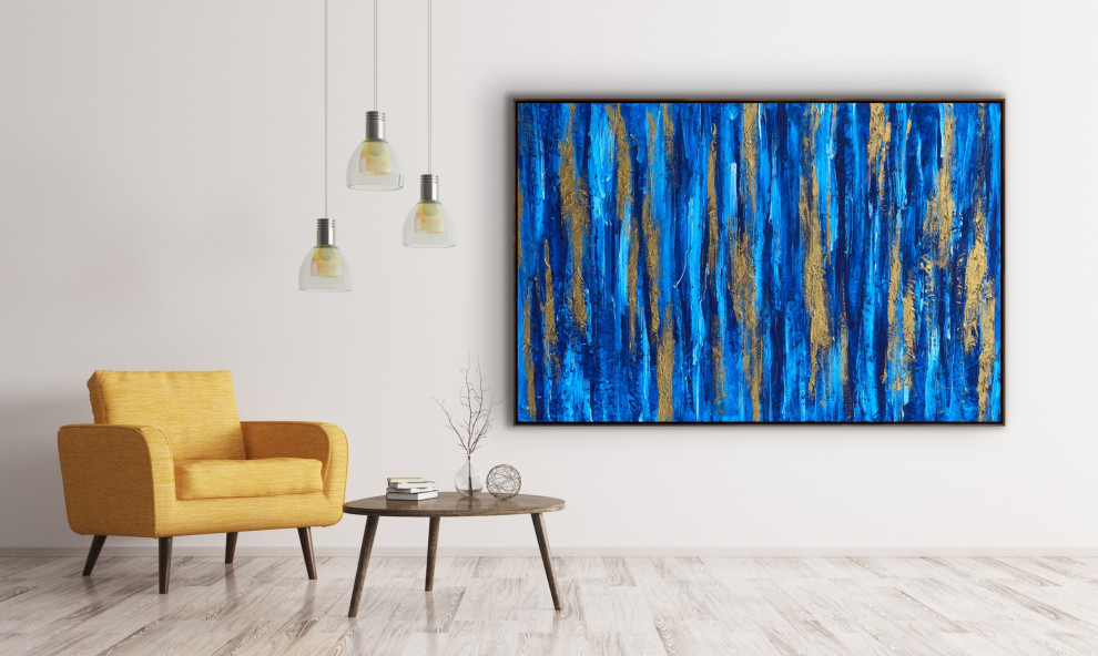 60x48 Inches Blue Gold Abstract Contemporary Painting Large Canvas Wall Art Modern Sunroom