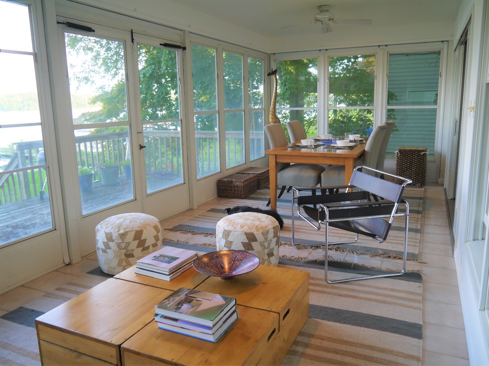 Example of a small beach style terra-cotta tile and beige floor sunroom design in DC Metro with a standard ceiling