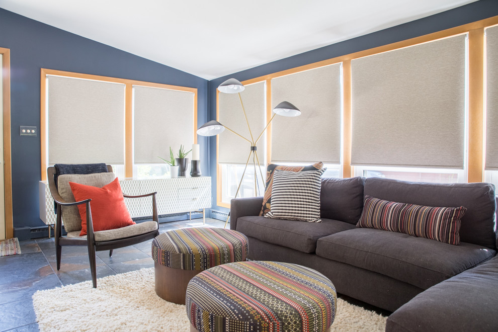 Ispirazione per un soggiorno minimalista di medie dimensioni e chiuso con pavimento blu, pareti blu, pavimento in ardesia e soffitto a volta