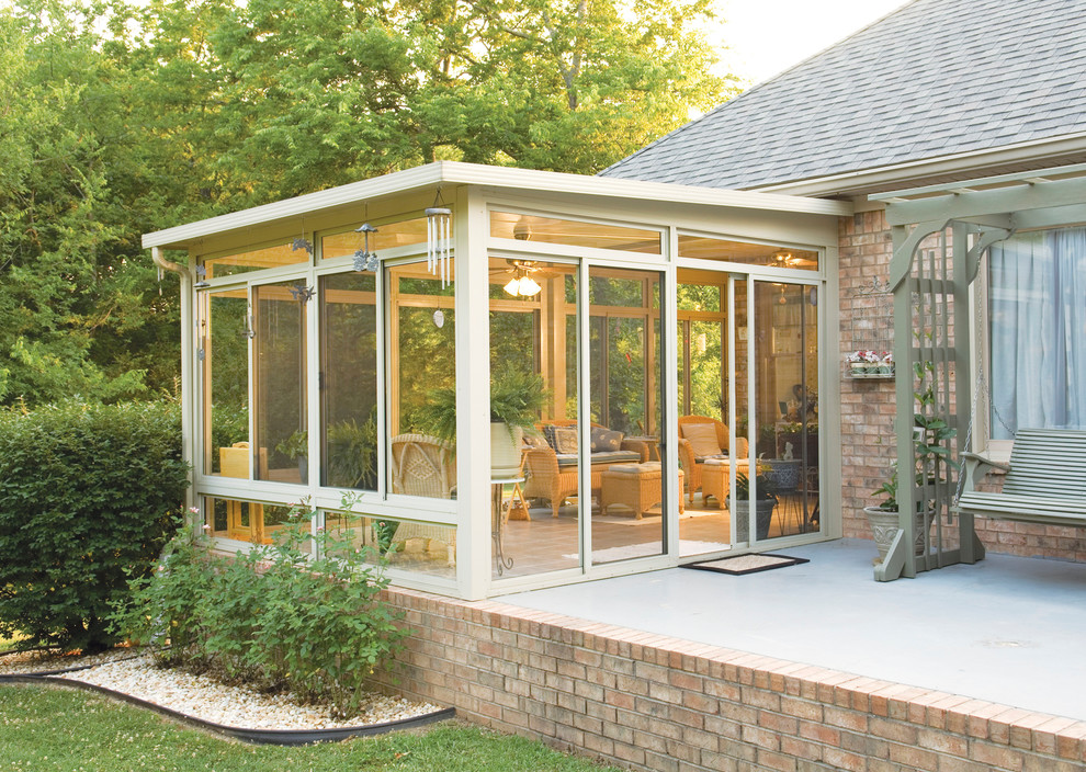 This is an example of a medium sized modern conservatory in Other with ceramic flooring, no fireplace, a standard ceiling and beige floors.