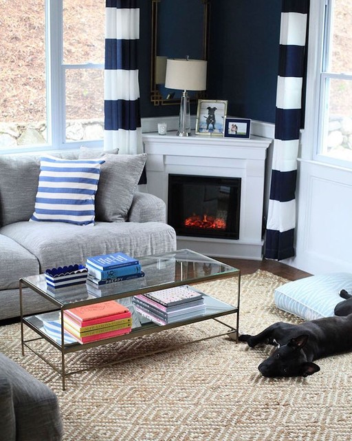 Blue and White Sunroom w/ Fireplace Modern Sunroom New York by