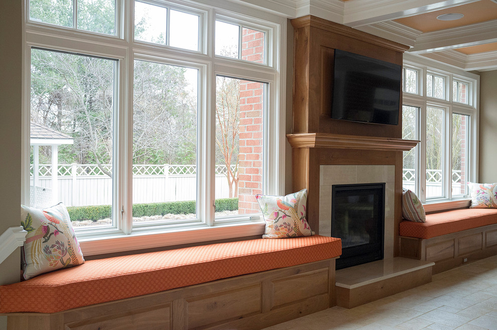 Sunroom - large traditional white floor sunroom idea in DC Metro with a standard fireplace and a wood fireplace surround