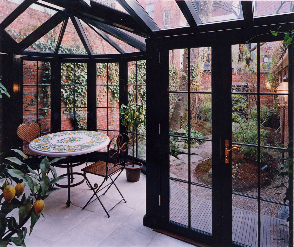 Sunroom - mid-sized traditional concrete floor and gray floor sunroom idea in New York with no fireplace and a glass ceiling