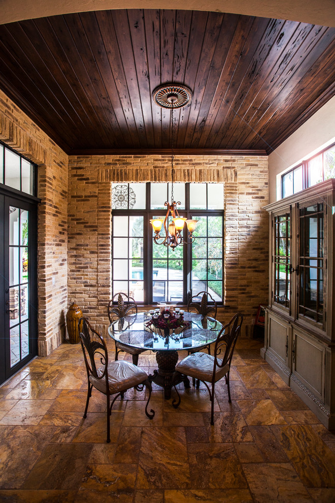 Medium sized rustic dining room in Miami with ceramic flooring.