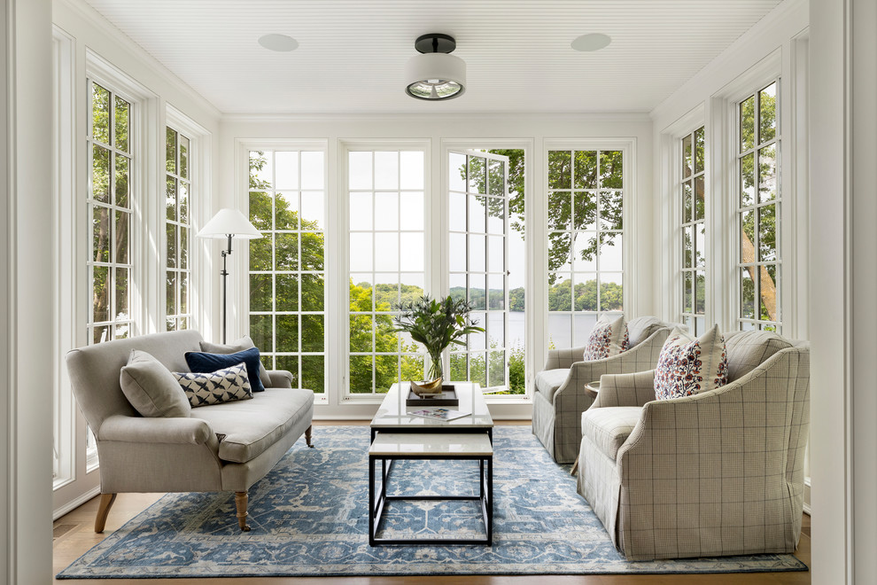 Beach style light wood floor sunroom photo in Minneapolis with no fireplace and a standard ceiling