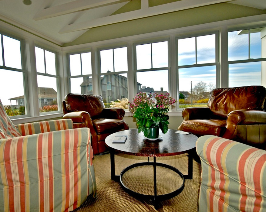Inspiration for a large carpeted sunroom remodel in Portland Maine with no fireplace and a standard ceiling