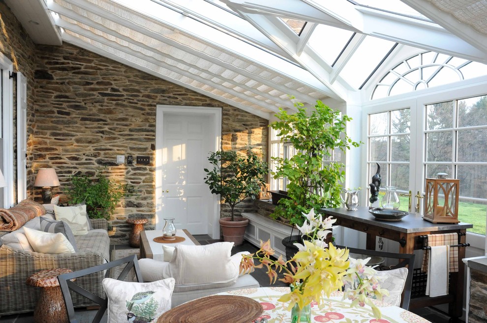 Example of a mid-sized classic sunroom design in Philadelphia with no fireplace and a glass ceiling