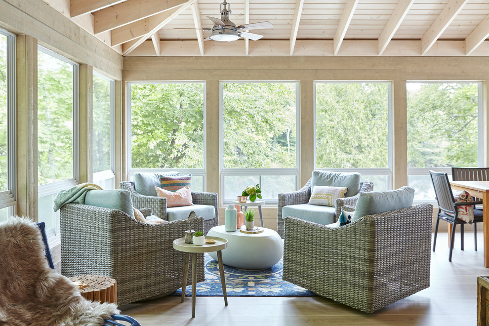 Beach style light wood floor and brown floor sunroom photo in Toronto