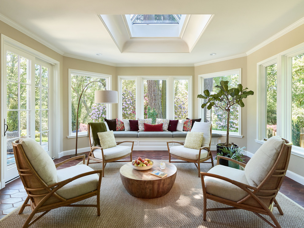 Sunroom - transitional sunroom idea in Portland with no fireplace and a skylight