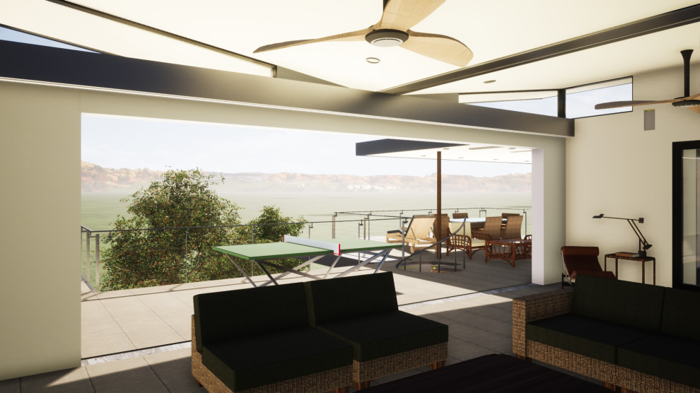 Foto di una veranda minimalista di medie dimensioni con pavimento in gres porcellanato, soffitto classico e pavimento beige