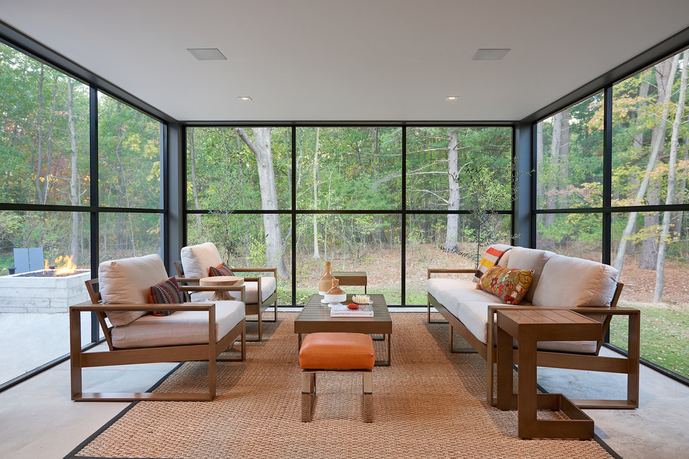 Ispirazione per una veranda contemporanea di medie dimensioni con pavimento in cemento, soffitto classico e pavimento grigio