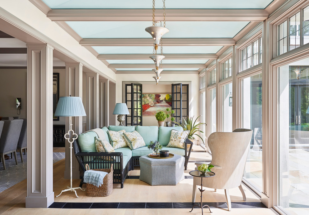 Inspiration for a timeless light wood floor and beige floor sunroom remodel in Chicago with a standard ceiling
